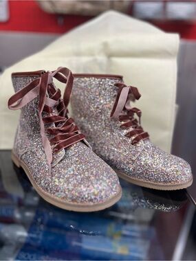 Kids Glitter Lace-Up Ankle Boots - Pink